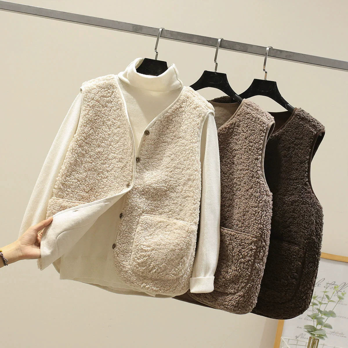 Women’s Vest – Plush Shearling Feel – Relaxed Fit – V-Neck – Button Front – Patch Pockets