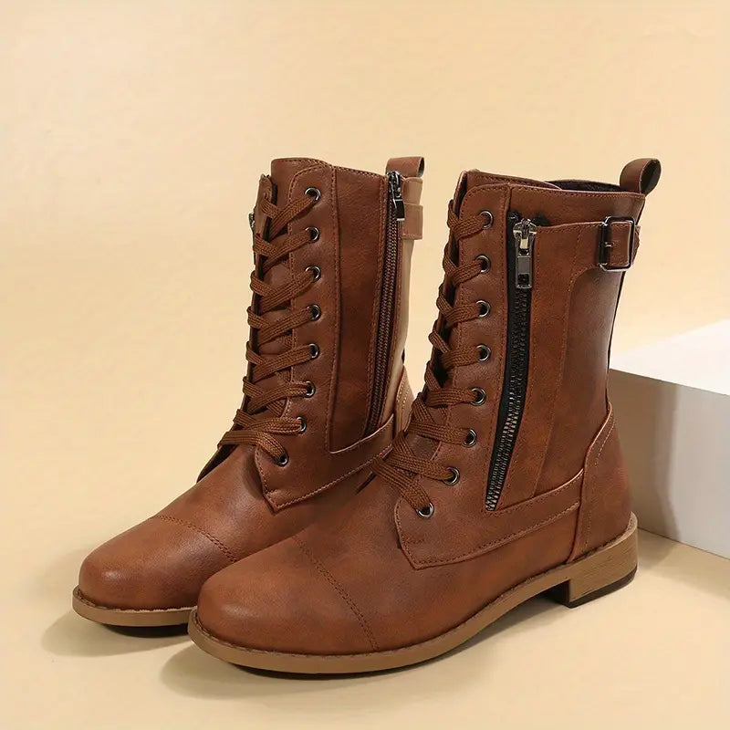 Women's low-cut lace-up boots with zipper closure