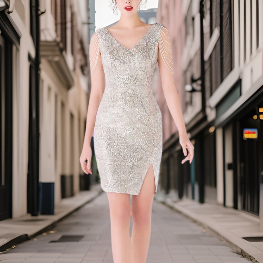 Women's Cocktail Dress - Fitted Silhouette - V-Neck - Sequin Sparkle - Chain Straps