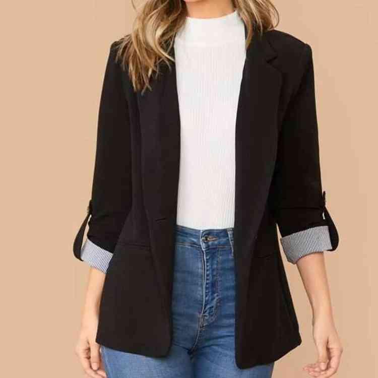 Women's Tailored Blazer - Notched Lapel - Three-Quarter Roll-Tab Sleeves - Open Front