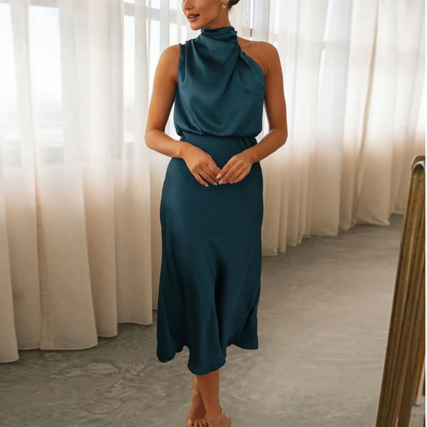 Women's Satin Gown - One Shoulder Draped Neckline - Fitted Waist - Elegant Formal Wear