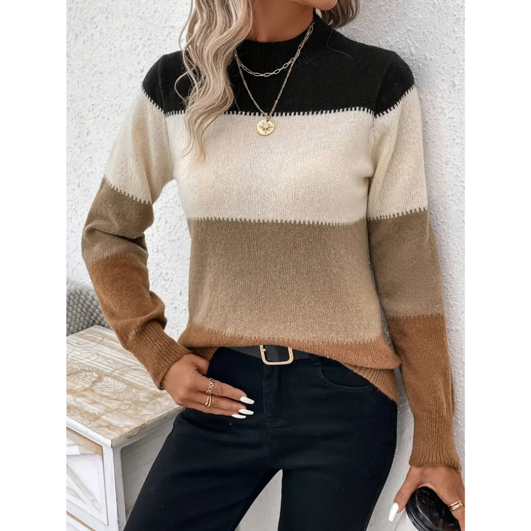 Women’s Pullover Sweater – Wool Knit – Regular Fit – Crew Neck – Striped Long Sleeve