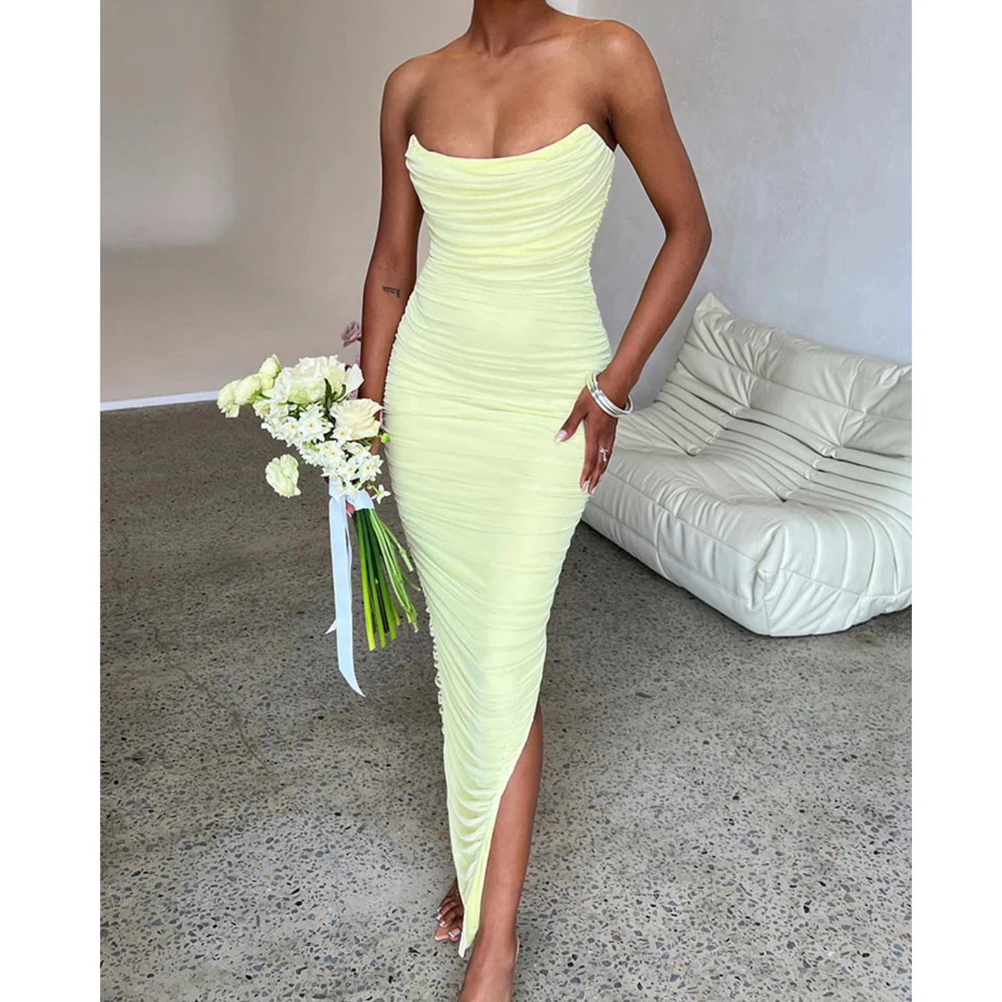 Women's Strapless Midi Dress - Bodycon Fit - Ruched Texture - Side Slit Elegant Wear
