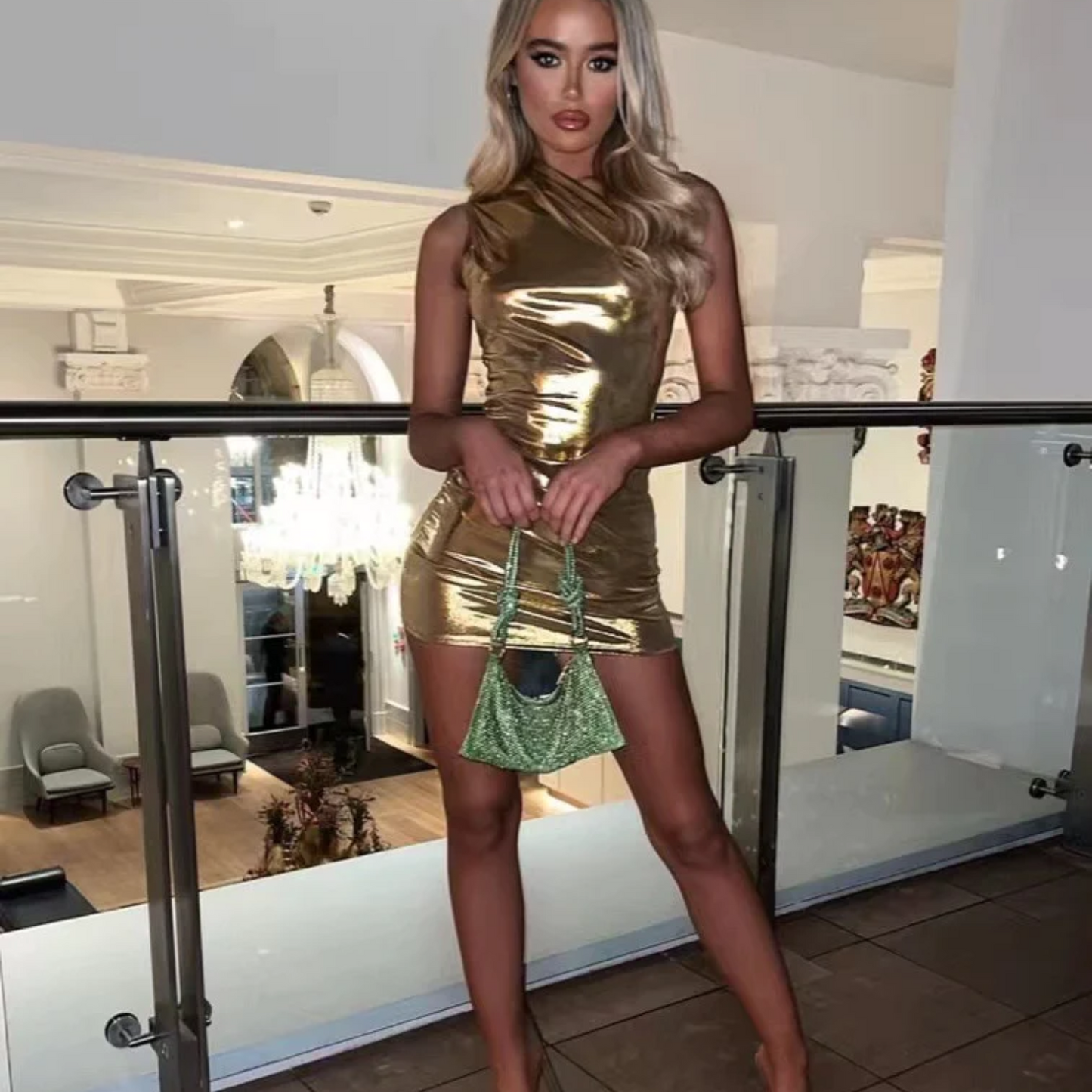 Women's One-Shoulder Mini Dress - Metallic Finish - Bodycon Partywear