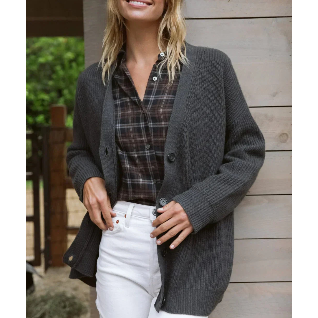 Women’s Long Knit Cardigan – Relaxed Fit – Wool Blend – V-Neck – Ribbed – Button Front