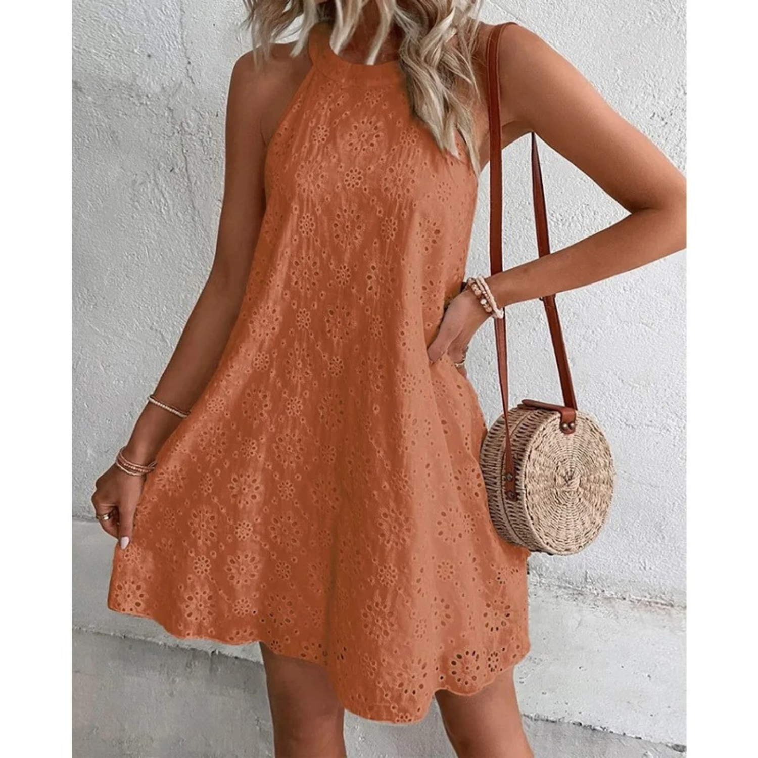 Embroidered Eyelet Halter-Neck Mini Dress