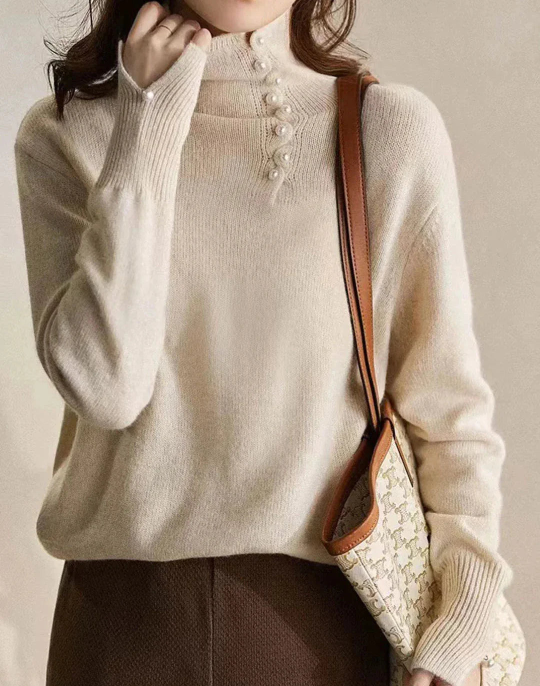 Women's Sweater - High Neck with Ornamental Buttons - Long Sleeve - Relaxed Fit