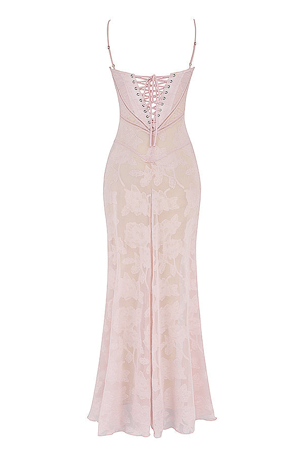 Women's Evening Gown - Floral Sheer Overlay - Spaghetti Straps - Sweetheart Neckline