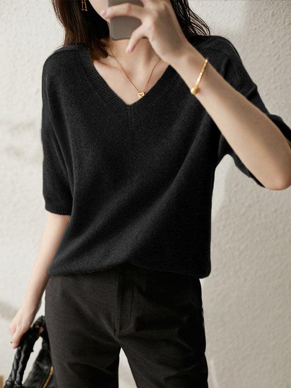 V-Neck Five-Point Sleeves Sweater
