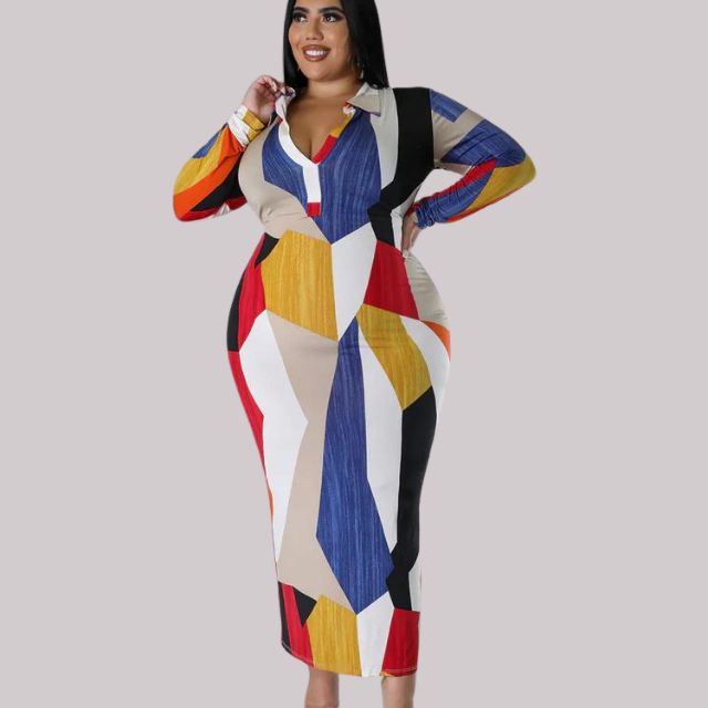 Women's Abstract Print Long Sleeve Midi Dress