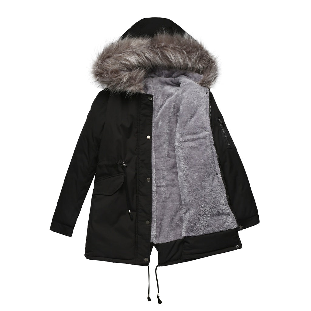 Women's cozy coat with hood & fur collar