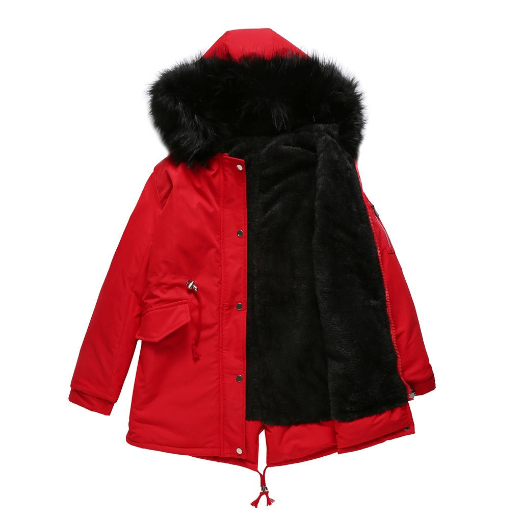 Women's cozy coat with hood & fur collar