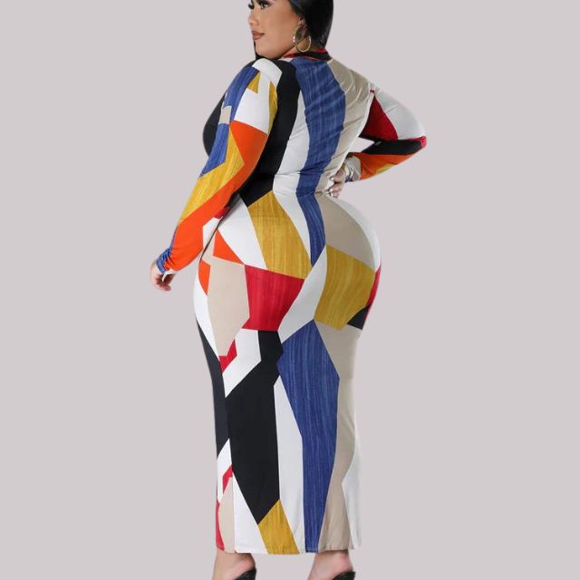 Women's Abstract Print Long Sleeve Midi Dress