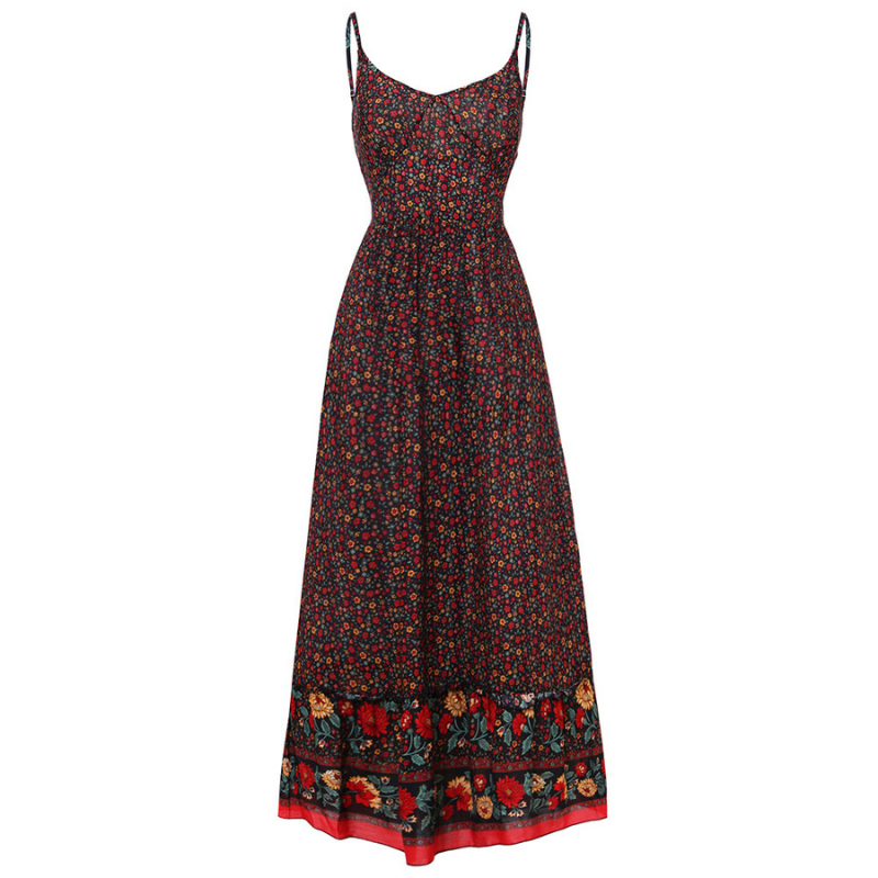 Women's Maxi Dress - Floral Print - V-Neck - Adjustable Spaghetti Straps - Flowy Fit