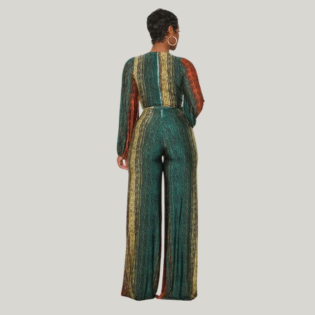 Women's Metallic Pleated Jumpsuit with Wide Legs and Belt