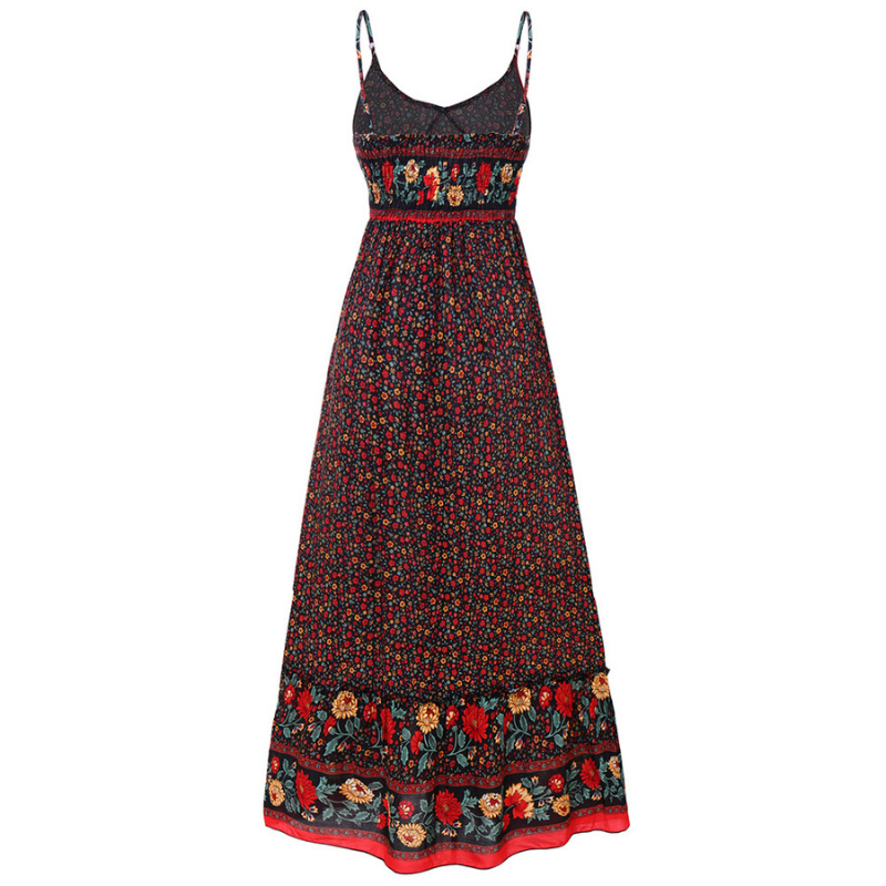 Women's Maxi Dress - Floral Print - V-Neck - Adjustable Spaghetti Straps - Flowy Fit