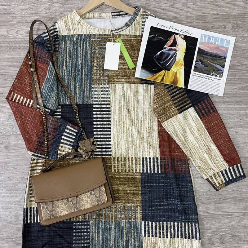 Women's Sweater Dress - Knit Patchwork Design - Relaxed Fit - Round Neck, Long Sleeve