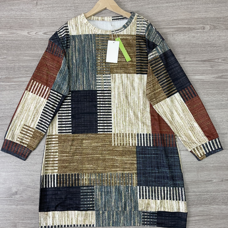 Women's Sweater Dress - Knit Patchwork Design - Relaxed Fit - Round Neck, Long Sleeve