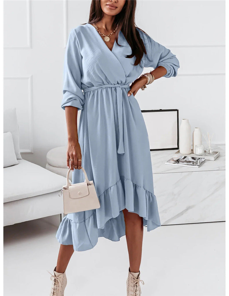 Women's Wrap Dress - V-Neck - Long Sleeve - Tie Waist - Ruffle Hem Elegant Fit