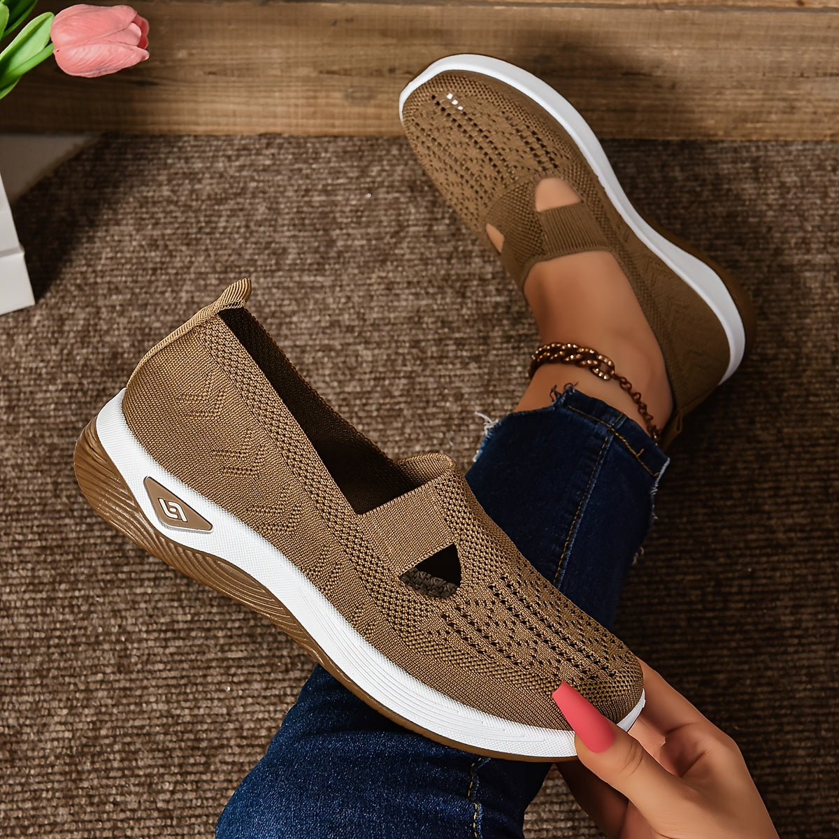 Women's Slip-On Sneakers - Breathable Knit Upper - Cushioned Sole for All-Day Comfort