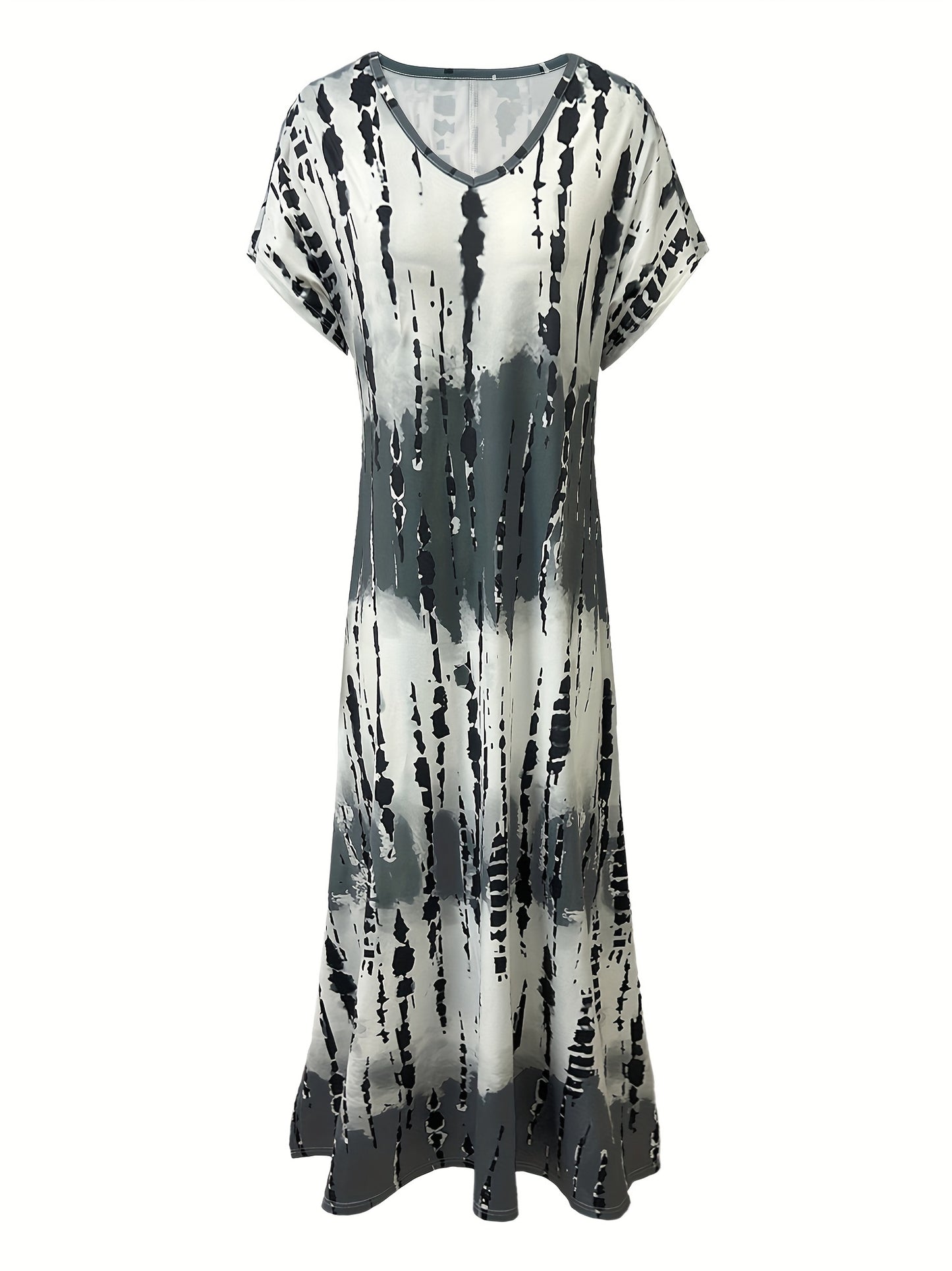 Women's Maxi Dress - Tie-Dye Print - V-Neck - Short Sleeve - Flowy with Side Slits