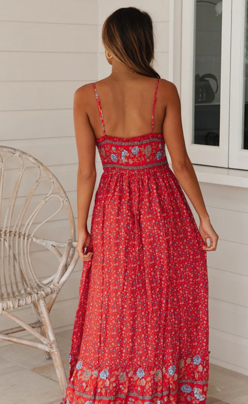 Women's Maxi Dress - Floral Print - V-Neck - Adjustable Spaghetti Straps - Flowy Fit
