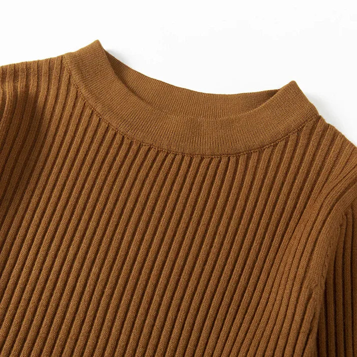 Women's Knitted Ribbed Mini Dress - Long Sleeve - Fitted A-Line Silhouette