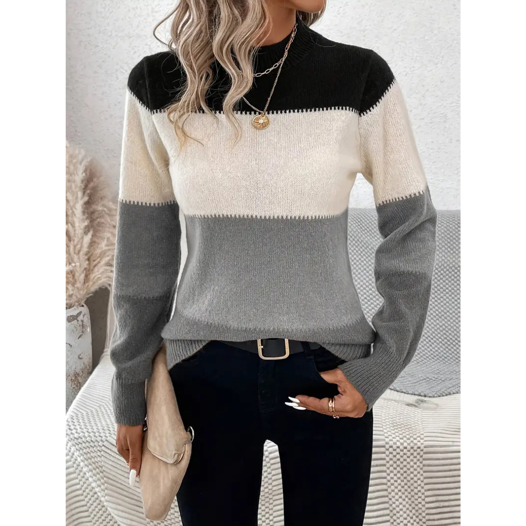 Women’s Pullover Sweater – Wool Knit – Regular Fit – Crew Neck – Striped Long Sleeve