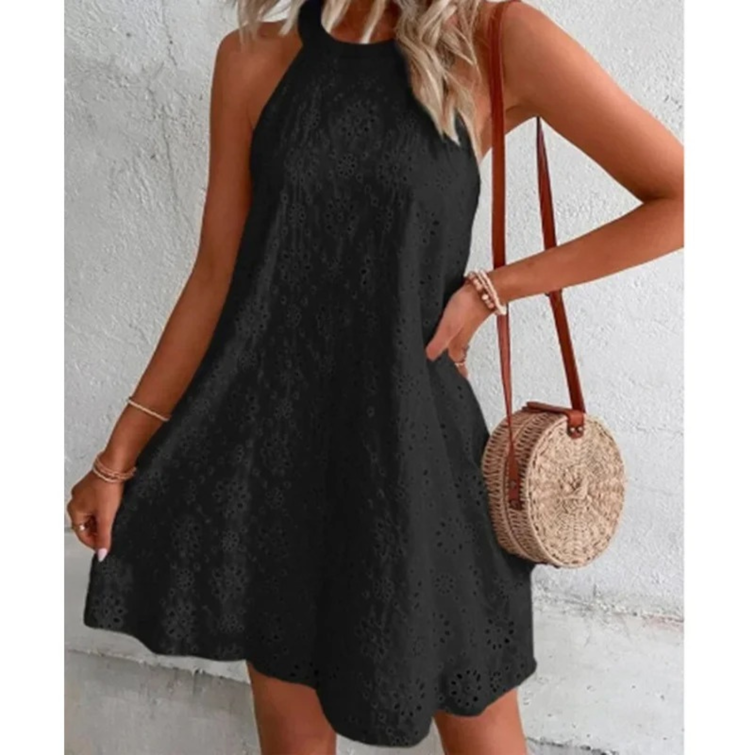 Embroidered Eyelet Halter-Neck Mini Dress