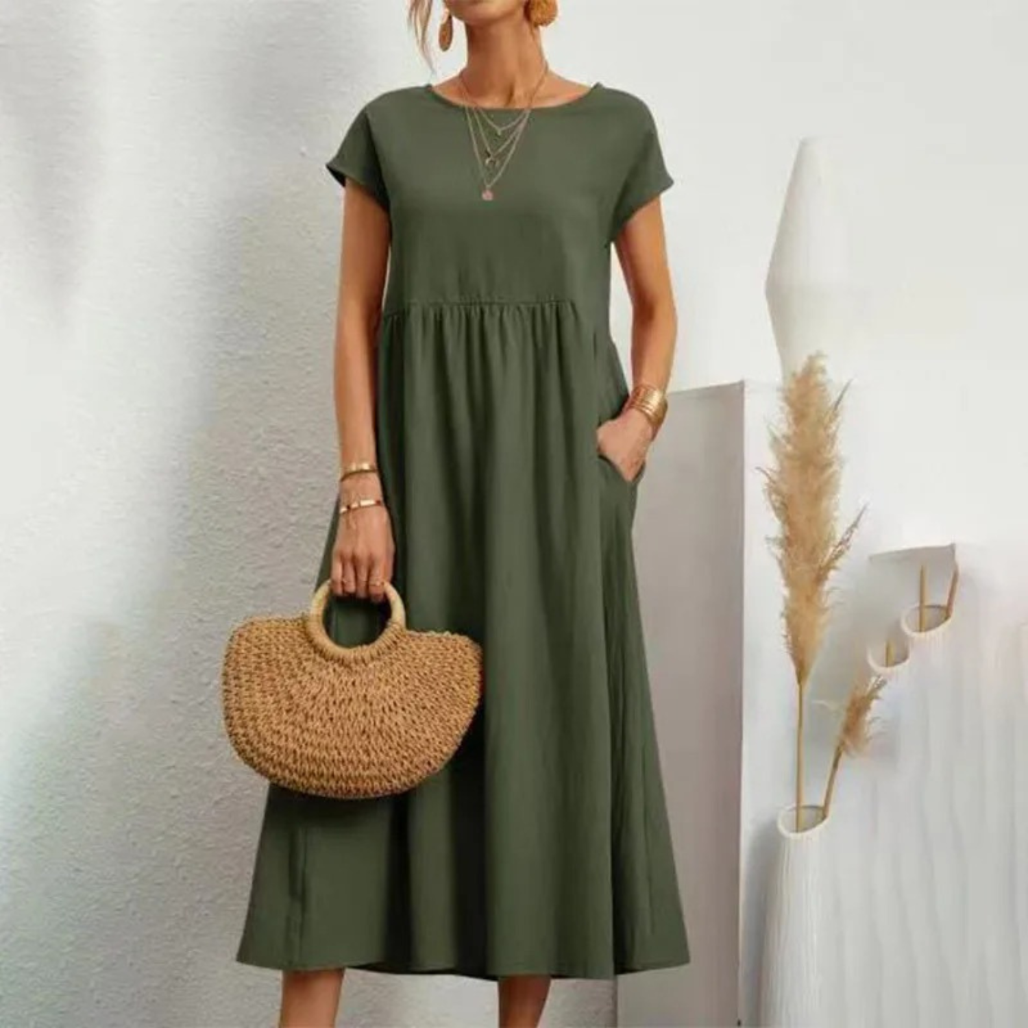 Relaxed Linen Empire Waist Maxi Dress