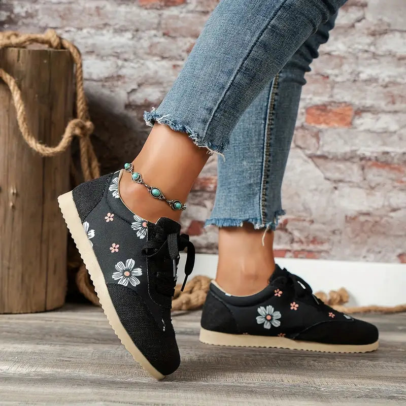 Floral Print Comfortable Lace-Up Sneakers