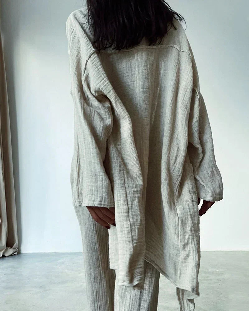 Women's Lounge Set - Lightweight Linen Blend - Open-Front Cardigan & Wide-Leg Pants