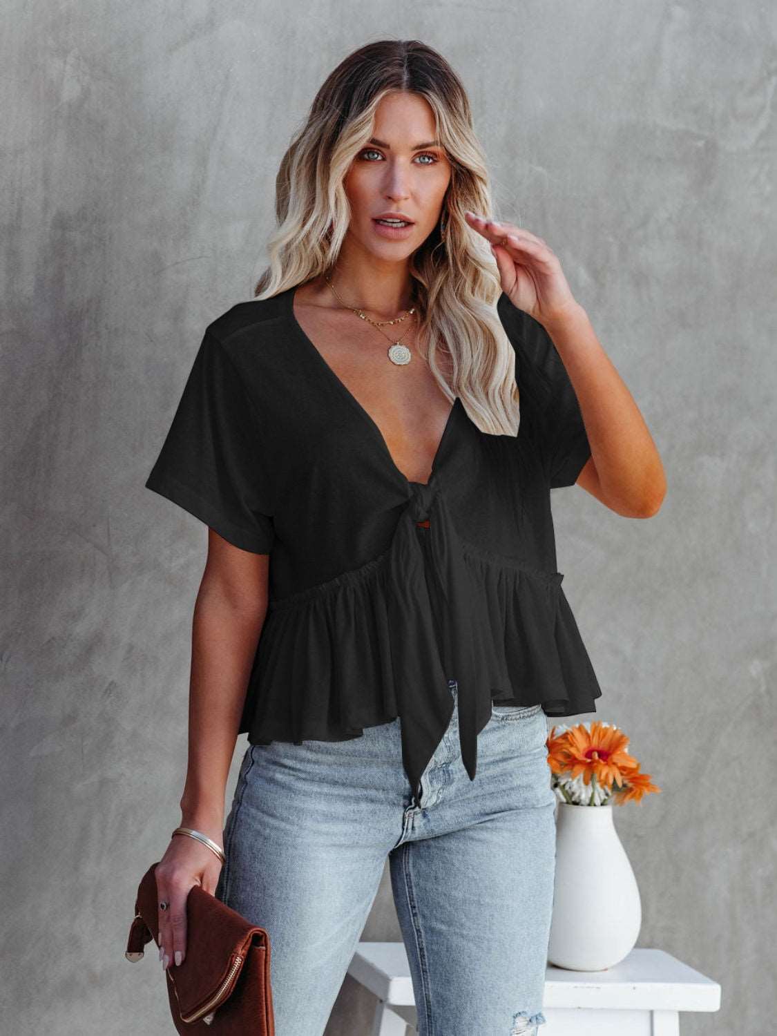 Flowy Tie Front Deep V-Neck Blouse