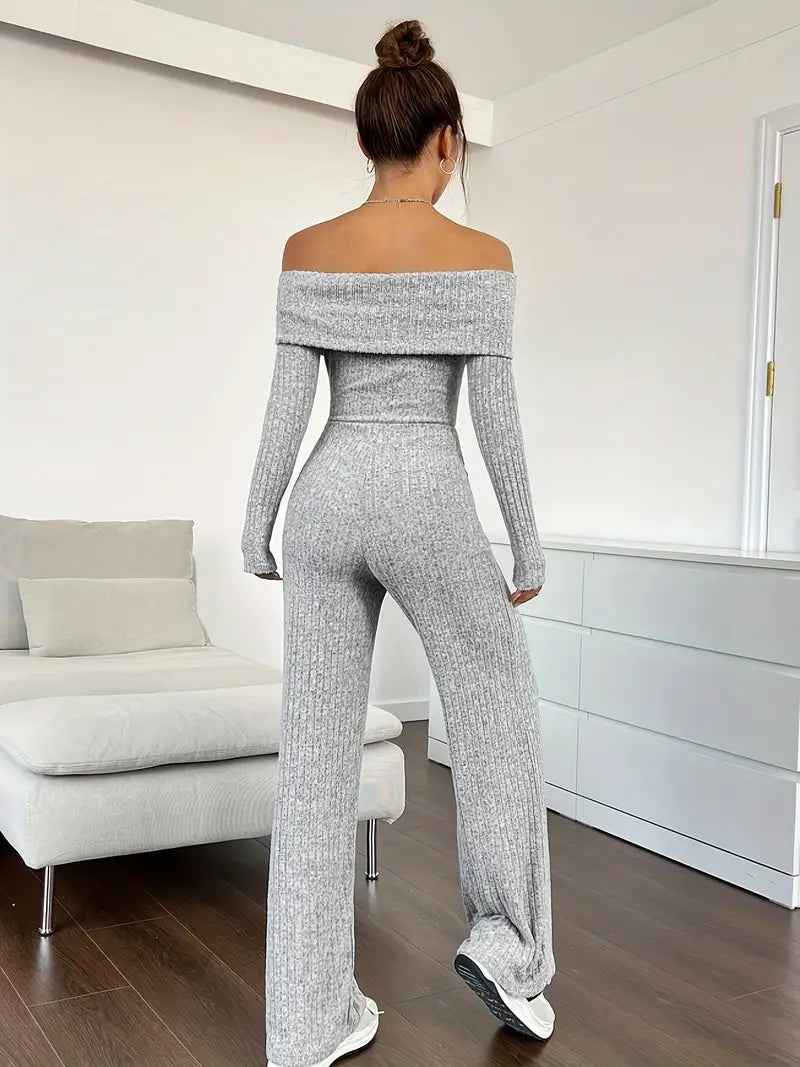 Ribbed Knit Off-Shoulder Wide-Leg Jumpsuit