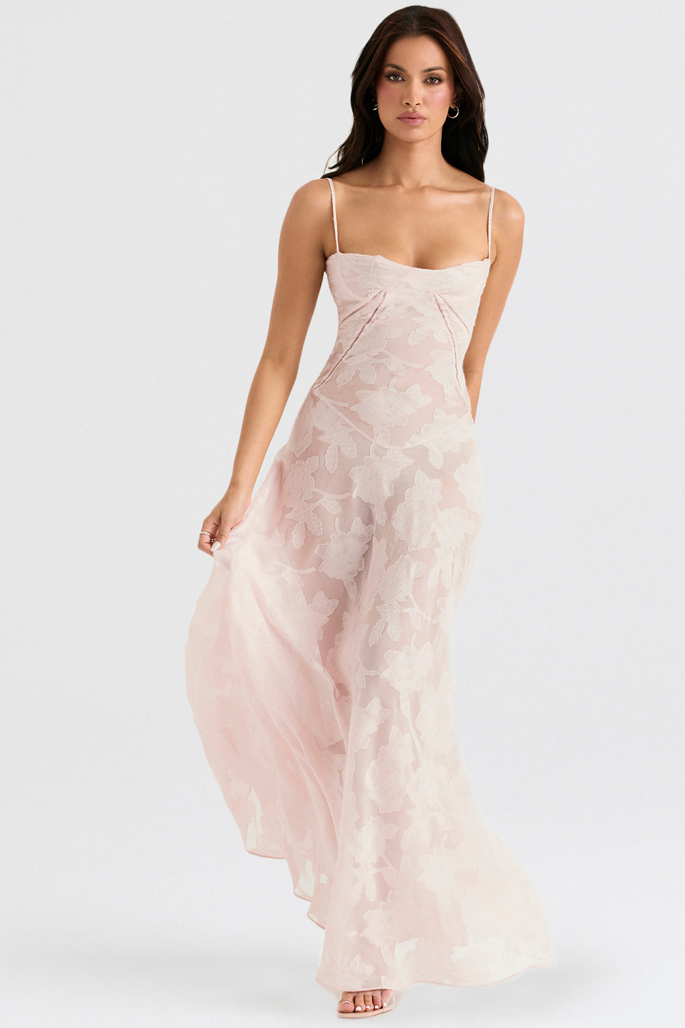 Women's Evening Gown - Floral Sheer Overlay - Spaghetti Straps - Sweetheart Neckline