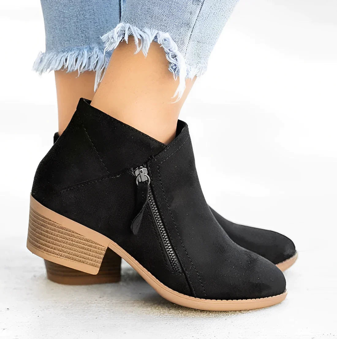 Women's short boots side zipper thick heel pointed toe