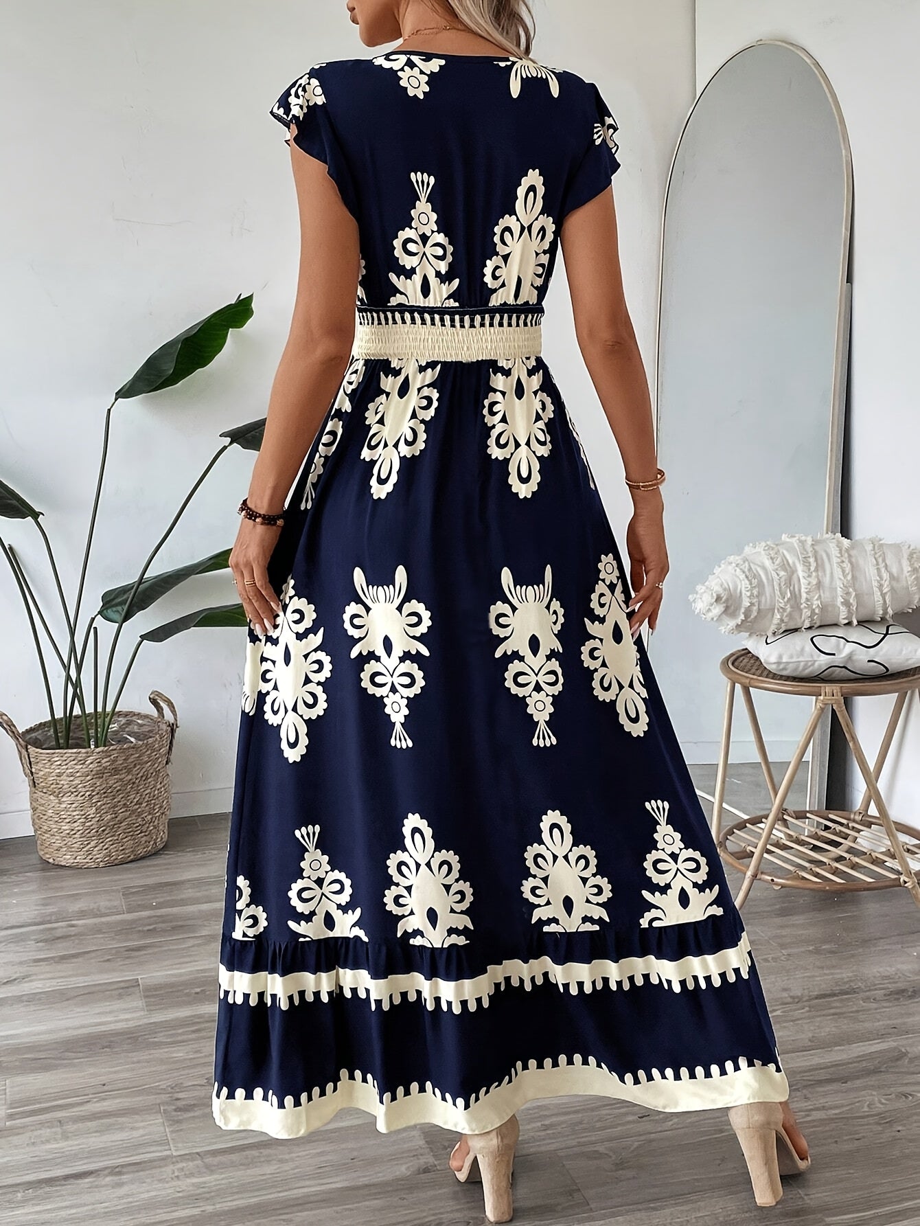 Women's Maxi Dress - V-Neck - Cap Sleeve - Smocked Waist - Flowy Elegant Fit