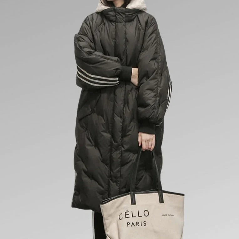 Women's black hooded knee-length winter jacket