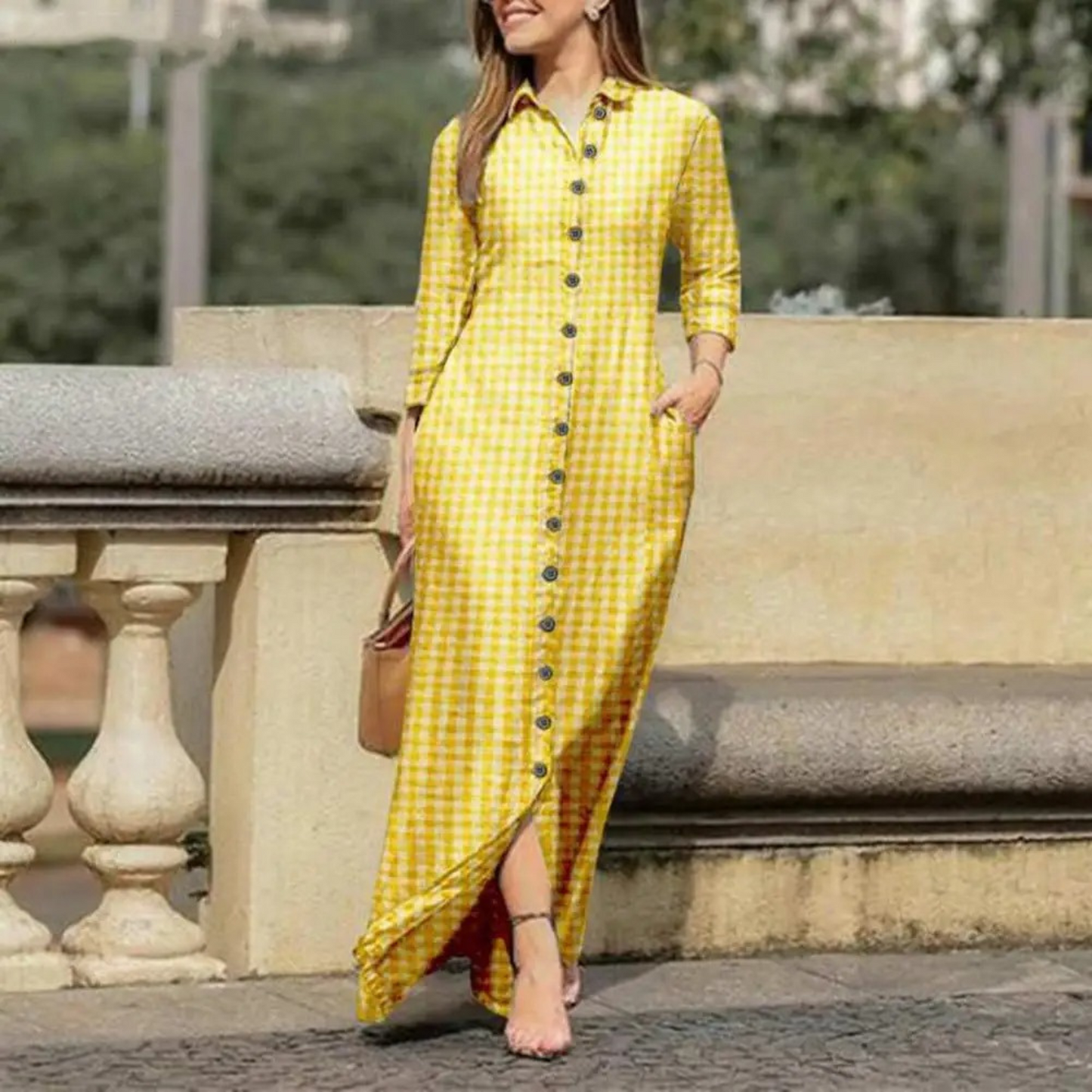 Lightweight Shirt Dress for Women with Check Collar and Buttons