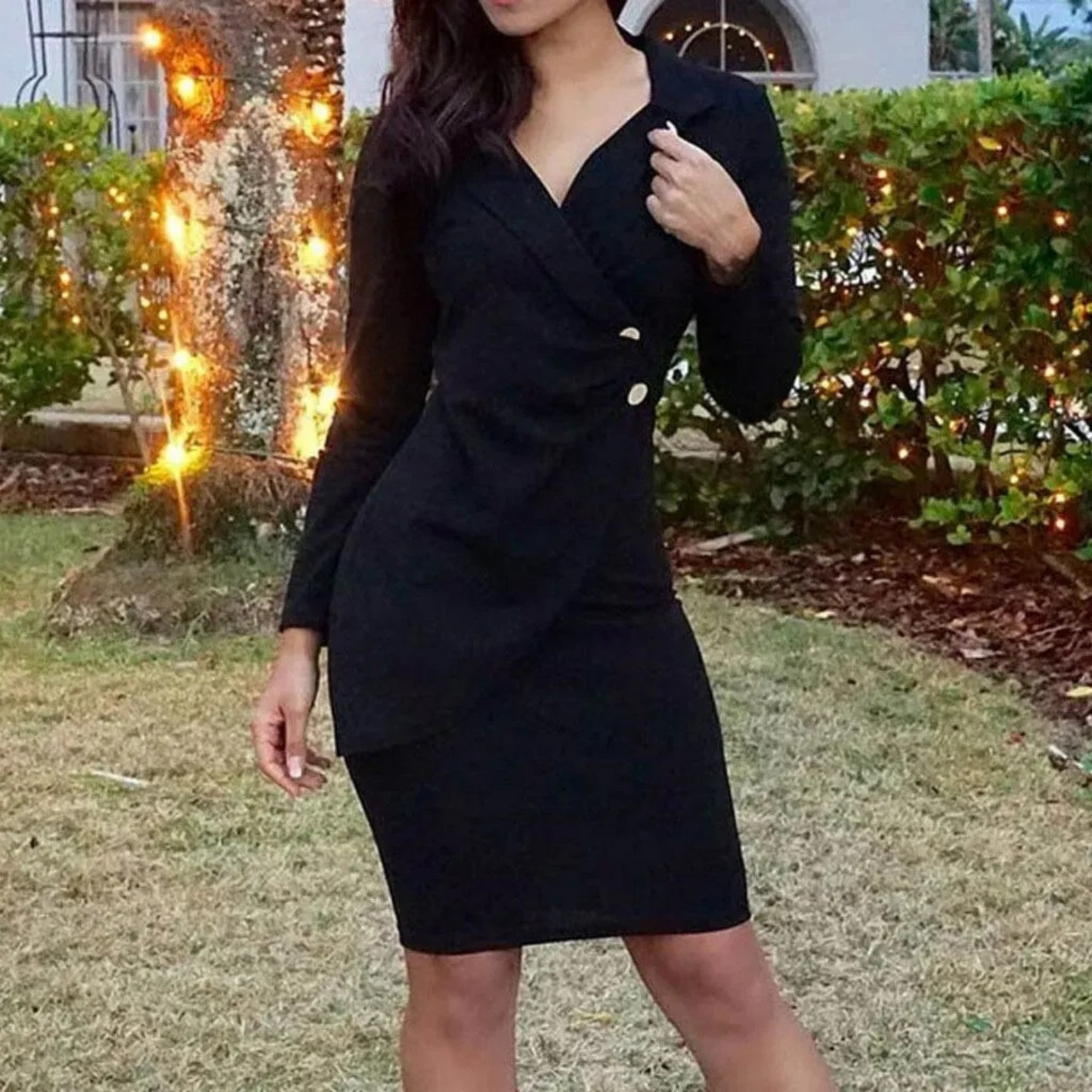 Women's Bodycon Dress - V-Neck Tailored Fit - Long Sleeve Knee-Length - Button Detail