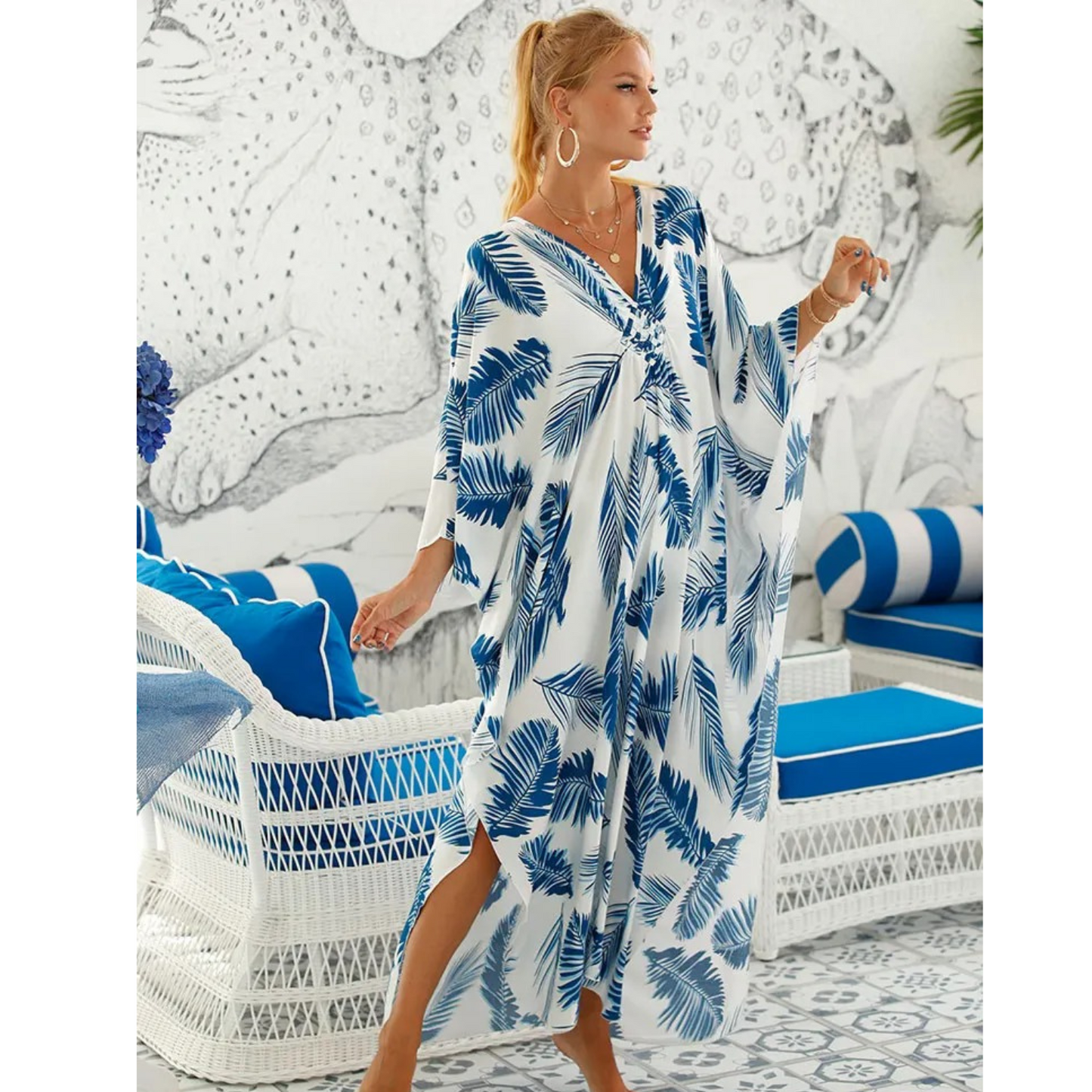 Women's Kaftan - Lightweight Flowy Design - V-Neck Loose Fit Beach Cover-Up
