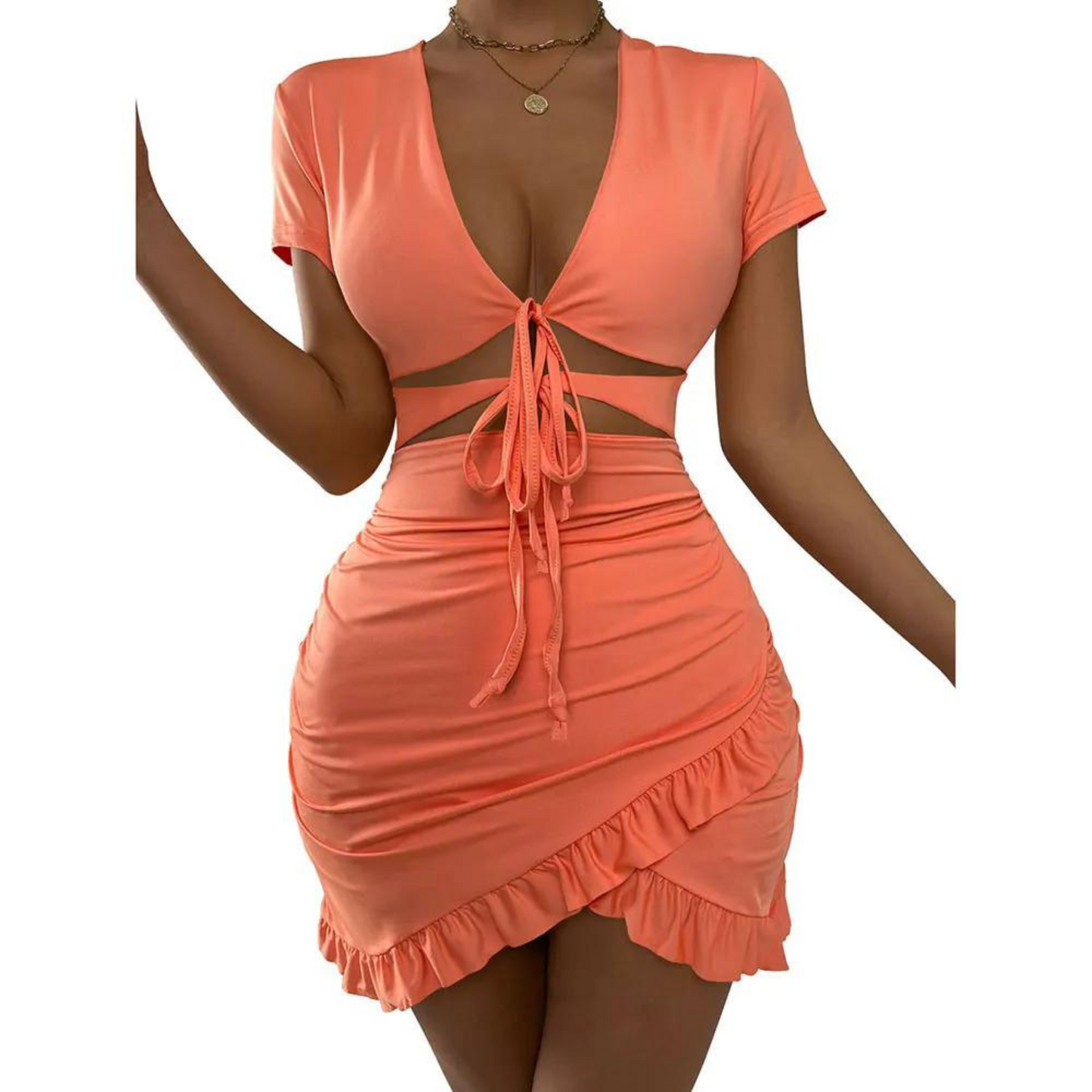 Women's Wrap Dress - Bodycon Fit - V-Neck - Short Sleeve - Cut-Out Waist with Ties