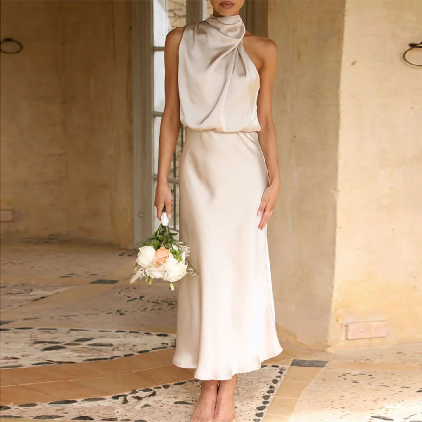 Women's Satin Gown - One Shoulder Draped Neckline - Fitted Waist - Elegant Formal Wear