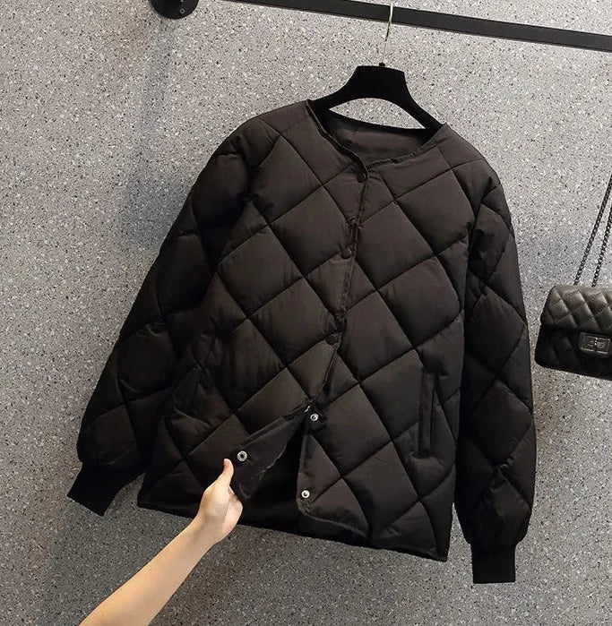 Women's checked quilted round neck jacket