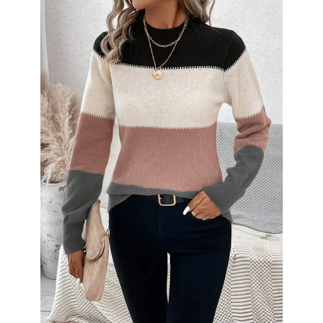 Women’s Pullover Sweater – Wool Knit – Regular Fit – Crew Neck – Striped Long Sleeve