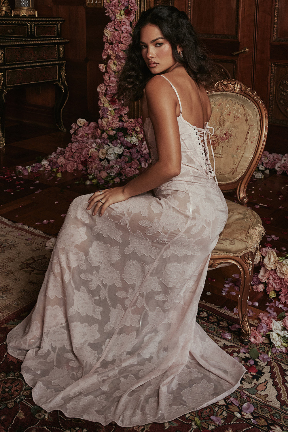 Women's Evening Gown - Floral Sheer Overlay - Spaghetti Straps - Sweetheart Neckline