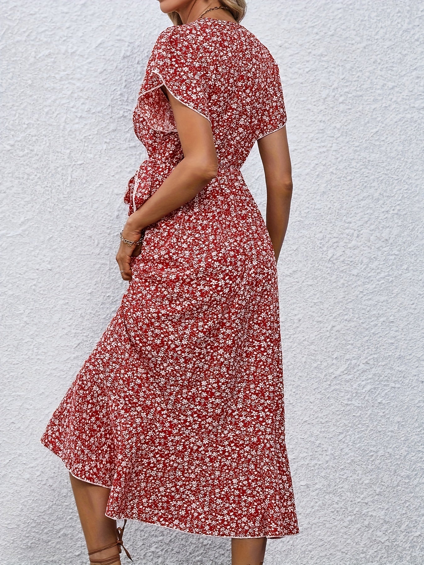 Women's Wrap Dress - Floral Print - V-Neck - Short Ruffle Sleeves - Midi Length