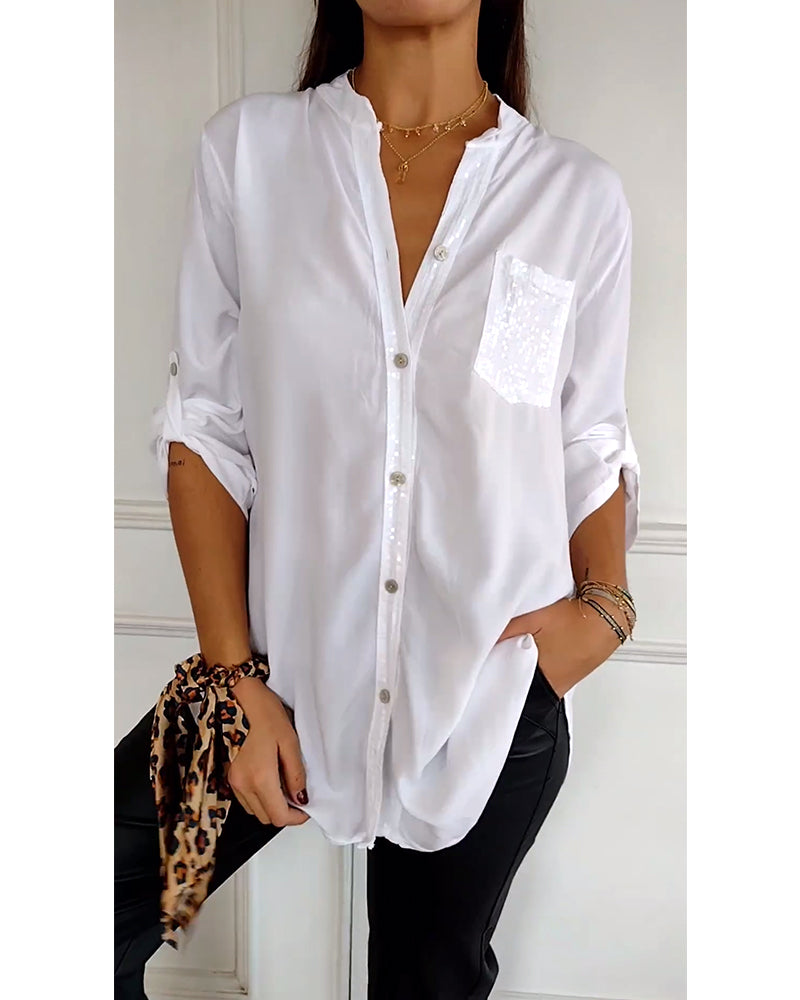 Women’s Blouse – Relaxed Fit – Sequin Placket and Pocket – Band Collar – Breathable Blend
