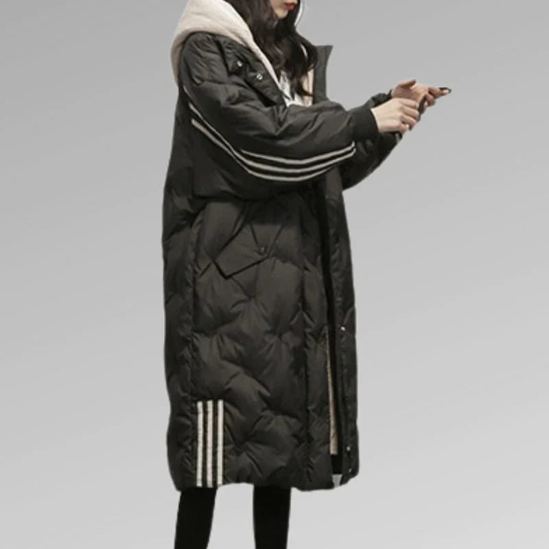 Women's black hooded knee-length winter jacket