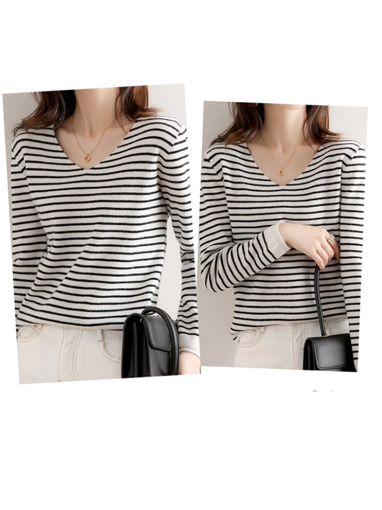 Women's V-Neck Sweater - Soft Knit - Fitted Long Sleeve - Striped Casual Wear